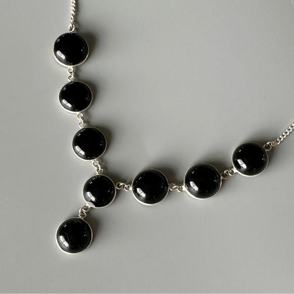 Sterling Silver Plated Onyx Y Necklace – Artisan Made Statement Piece - Picture 12 of 12